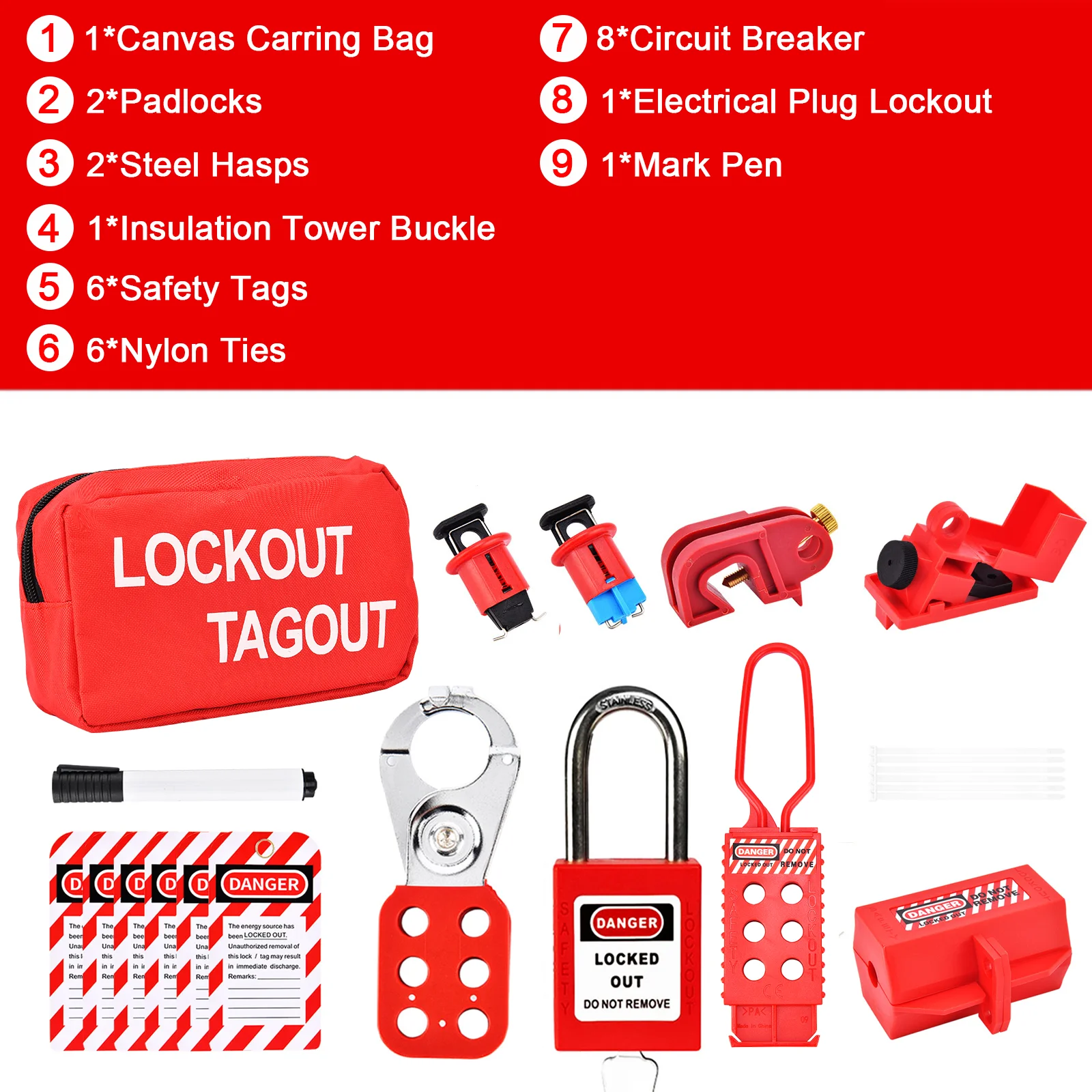 Lockout Tagout Kit Sicherheit Elektrisches Vorhängeschloss-Set mit Schlüssel Gruppe Lockout Hasps Loto Tags Lock-out Tag-out-Schlösser mit Reißverschlussbindern Stift – Detail 1