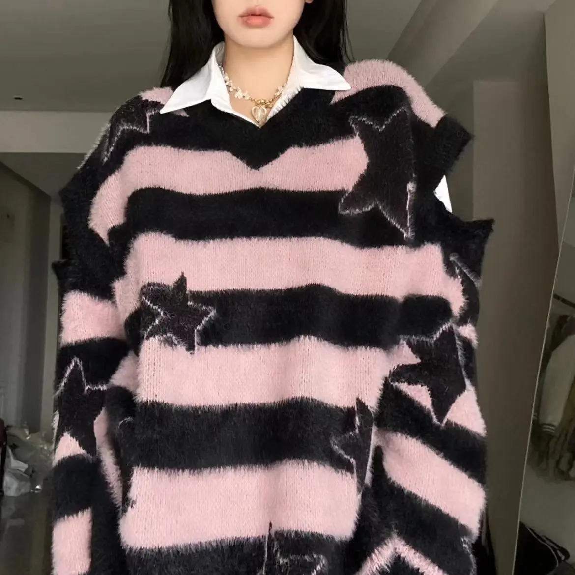 

Star Embridery Sweater Black Loose Pink Women Vintage Retro Knitted Sweater Autumn Winter Cotton Pullover Unisex Y2k Clothes