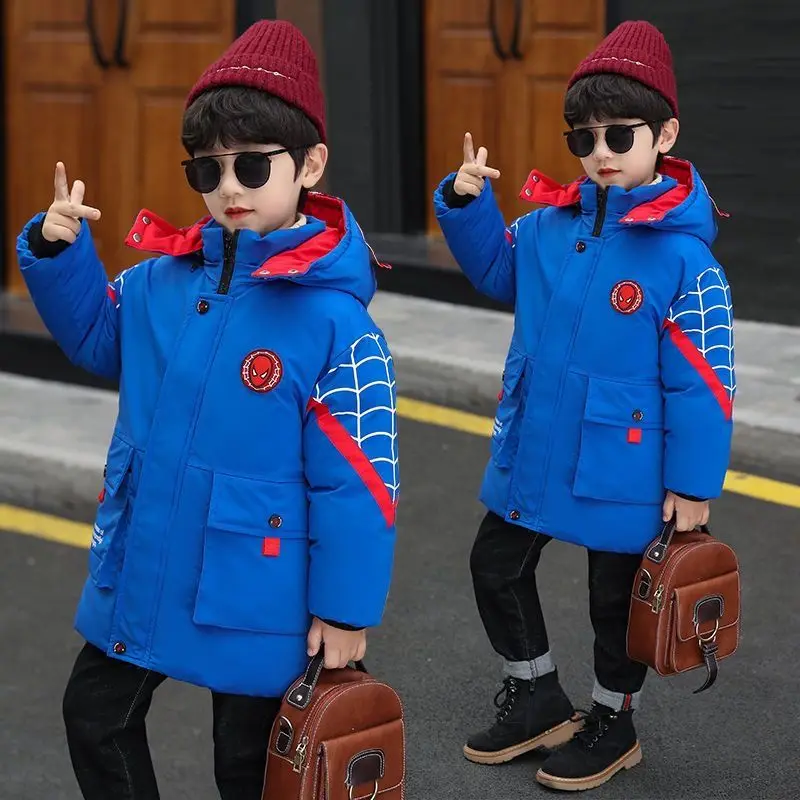 Children Clothing Winter Kids Spider Man Cartoon Luminous Hooded Cotton Coat Teen Boys Outdoor Skiing Jacket Warm Parka