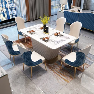 MANBAS Elevate Your Dining Room with Marble Table Set Featuring 6 Leather Chairs and Stainless Steel Design / Kitchen Furniture