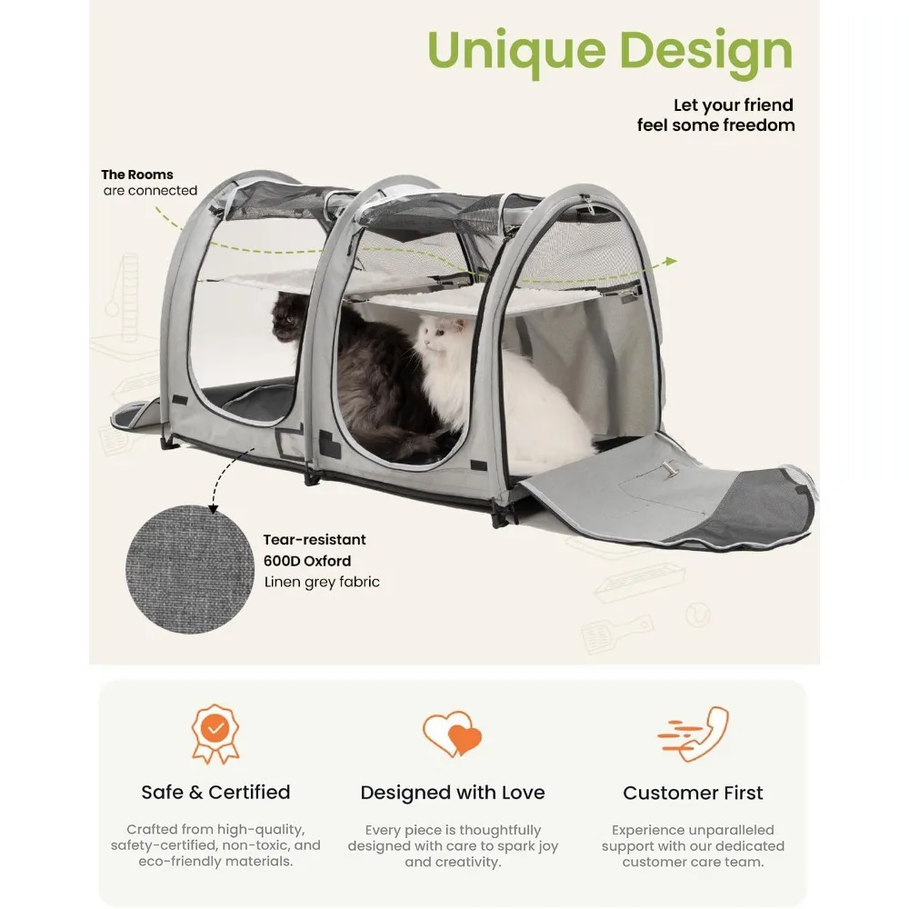 Portable Dual-Section Cat Enclosure with Travel Carrier, Cozy Dog Crate with Carry Bag, 2 Hammocks and Mats & Collapsible