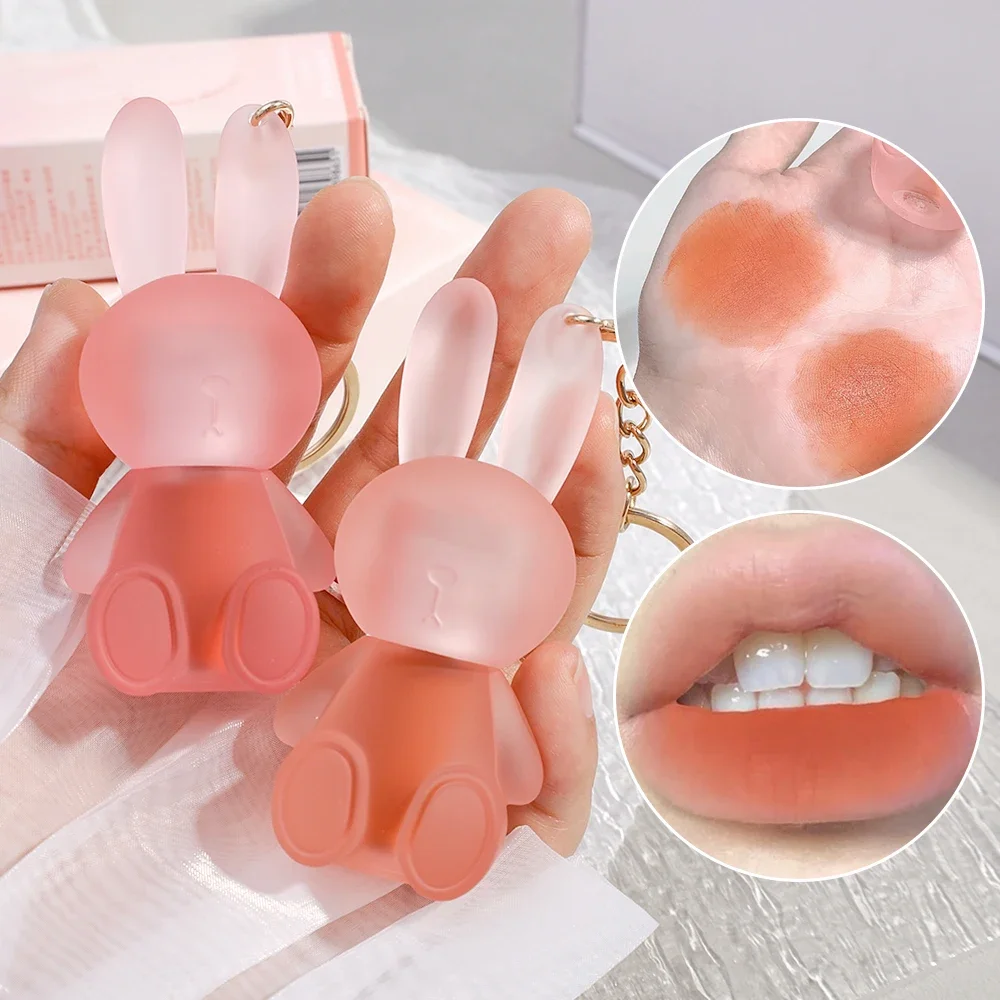 Pink Rabbit Keychain Matte Lip Gloss Lasting Moisturizing Non-Stick Cup Velvet Lip Mud Sexy Red Brown Liquid Lipsticks Cosmetics 3
