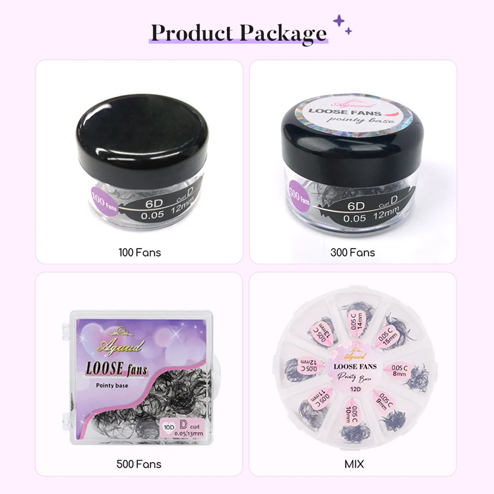 AGUUD volume 3D 5D 6D 10D loose premade fans sharp pointy stem lash bulk cluster promade loose fan pointy base eyelash extension