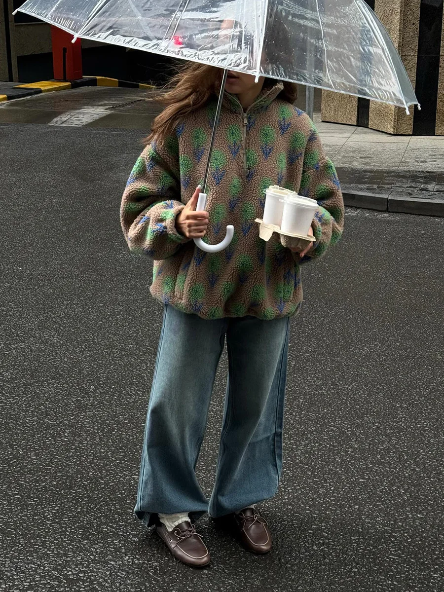 Bornladies Women's Autumn Winter New Fleece Jacquard Sweatshirt Half Zip Loose Hoodies High Neck Sweatshirt