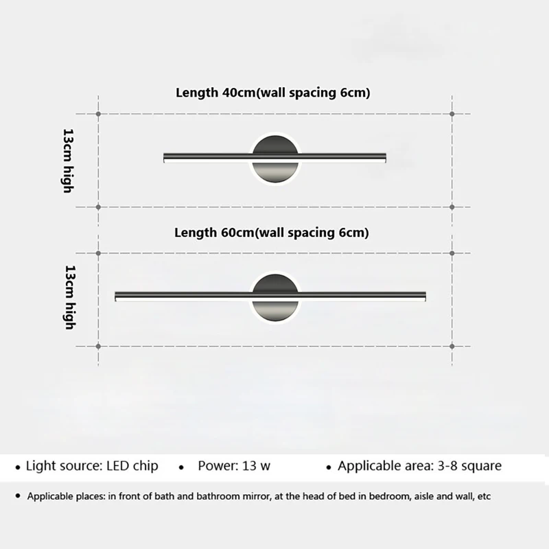 Modern LED Wall Lamp Black Mirror Light Dresser Bathroom Toilet  Long Strip Lamps Home Decor 40/60/80CM Led Lighting Lustre 5
