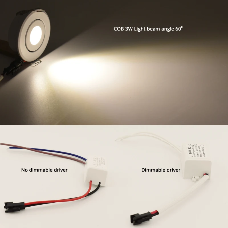 Mini LED Downlight Dimmable COB 3W Cut Hole 30mm Black White Silver Body AC12V 110V 220V Dust-proof Anti-fog