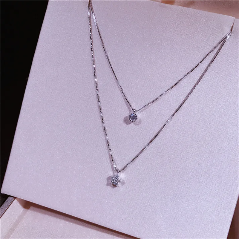 Handmade 925 Sterling Silver Creative Stars Round Cubic Zirconia Multilayer Pendant Necklaces For Women Girl JY069