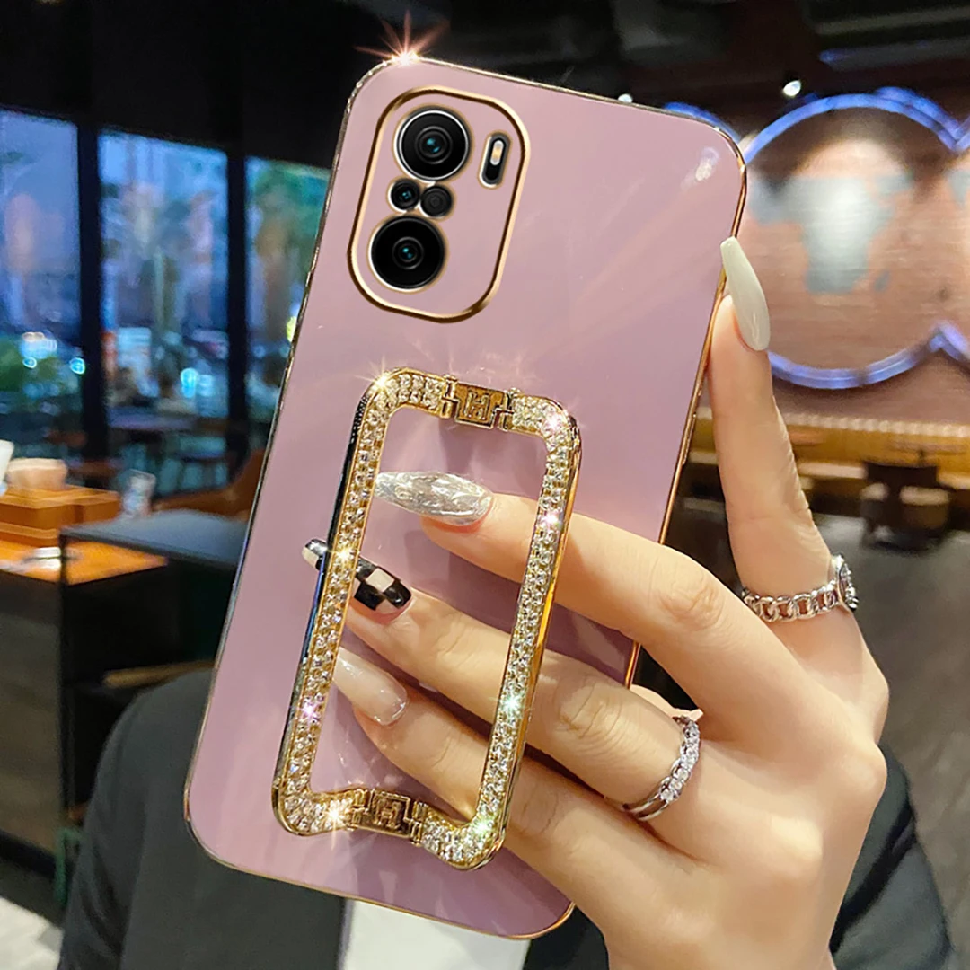3D Crystal Square Holder Plating Phone Case For Xiaomi Redmi Note 12 10 11 Pro K50 K40 A1 Plus 12C 10X Stand Silicone Soft Cover
