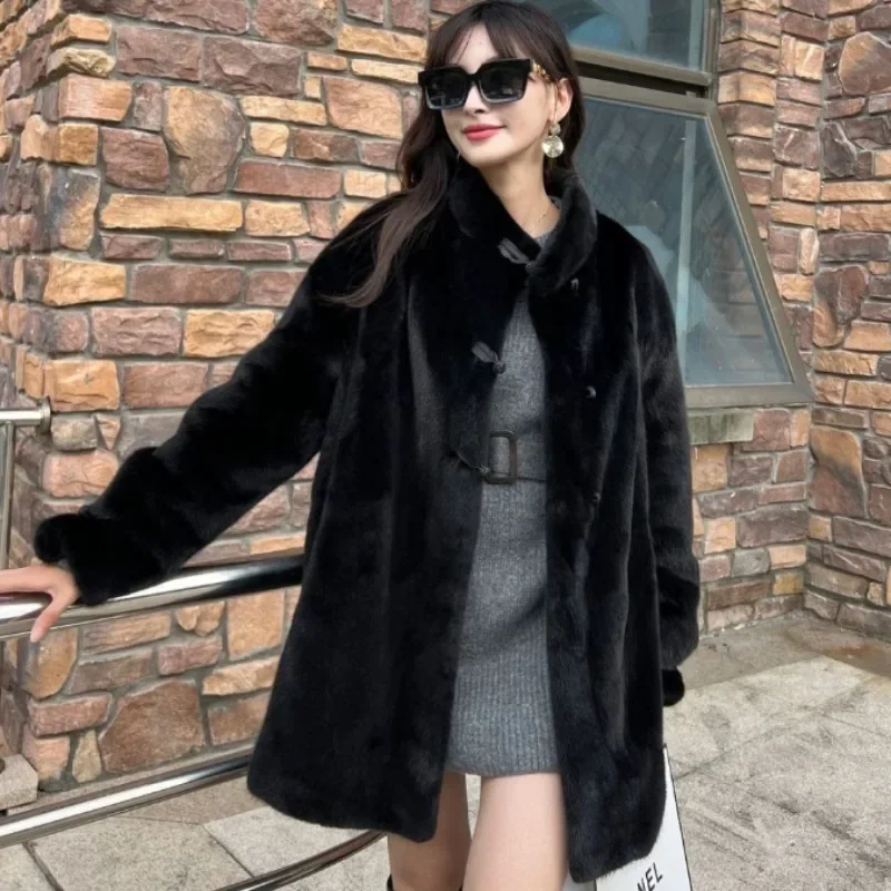Women Artificial Mink Hair Fur Coat Mid-Length Female Fashion Loose Stand Collar Outcoat Winter New Thicken Warm Casual Outwear
