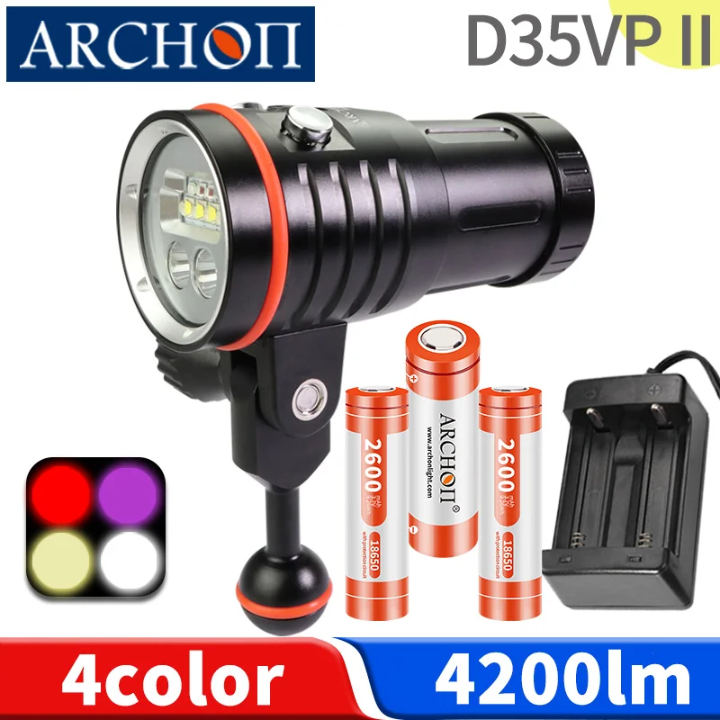 D35VP II HD diving video light 4 color diving photoraphy flashlight Underwater 100m dive fill light dive lighting lamp Red+UV