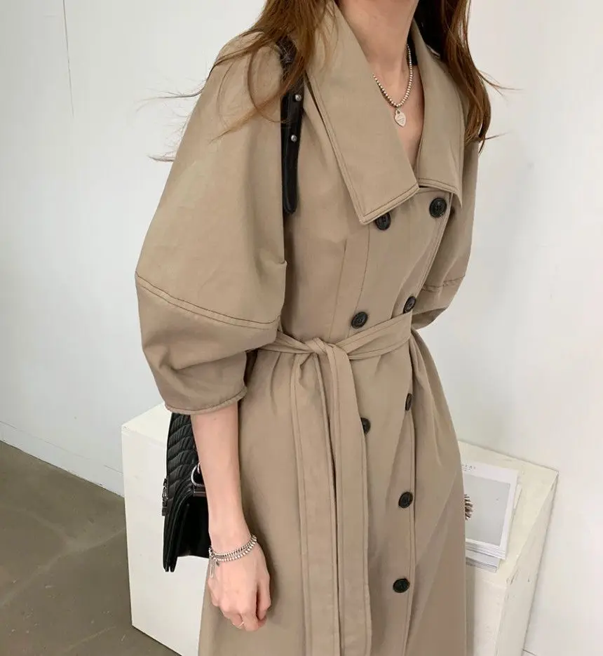 parka jacket Ailegogo Autumn Women Half Sleeve Loose Khaki Long Trench Coat Streetwear  Double Breasted with Belt Chic Windbreaker Outwear hooded puffer jacket