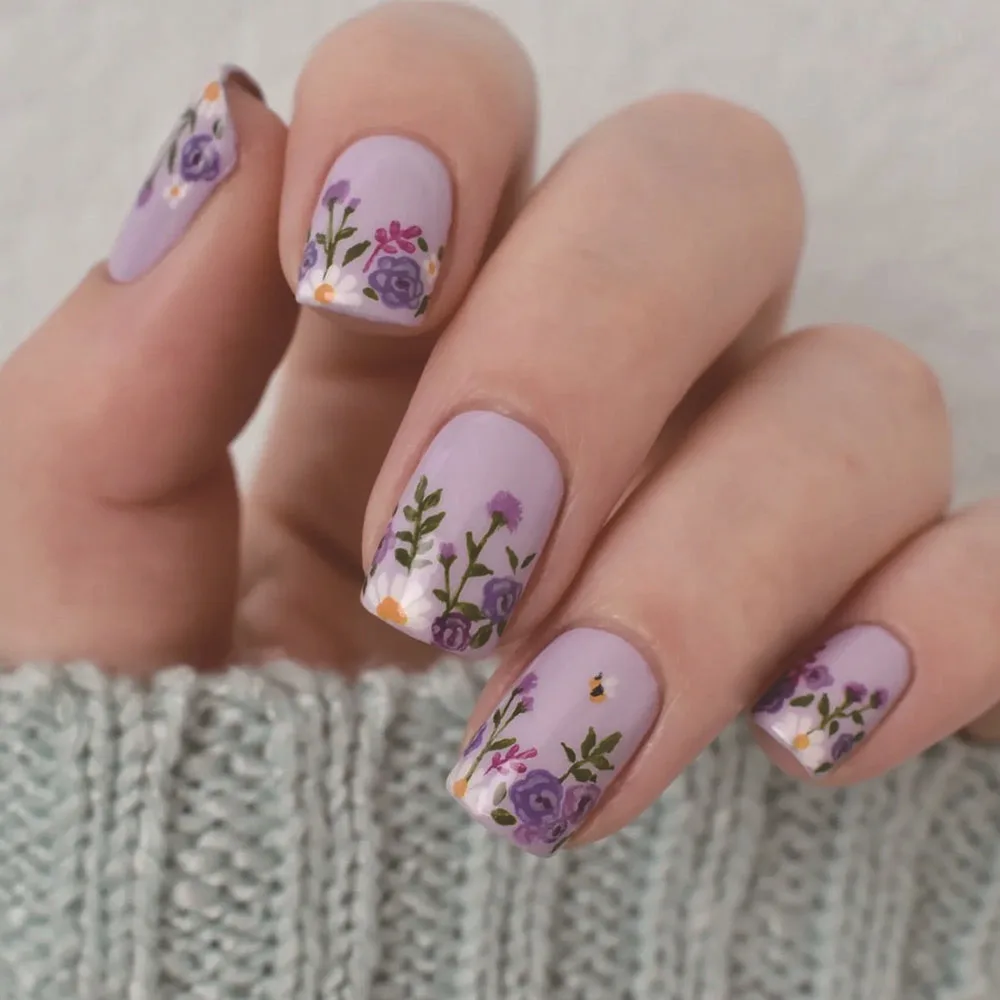 Ladder-Shaped Floral Ombre French Press-On Nails with Glue Strips - 24 Piece Set
