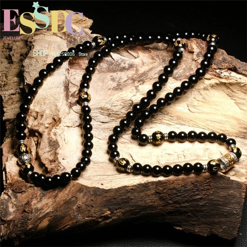 New Style 8mm Natural Black Obsidian Beads 108 Mala Buddhist Golden Barrel Charm Men and Women Prayer Strand Bracelet Wholesale