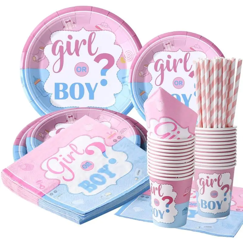 120PCS Deluxe Gender Reveal Party Supplies Kit-Includes Colorful Plates, Cups, Napkins, Paper Straws, and Tableware