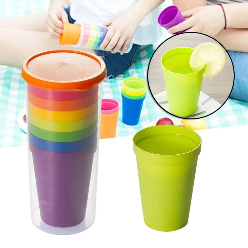 Cups Set 7pcs Rainbow Plastic Reusable Water Mug Picnic Travel Trendy Funny Portable Rainbow Suit Cup Party Kids Drink Cup