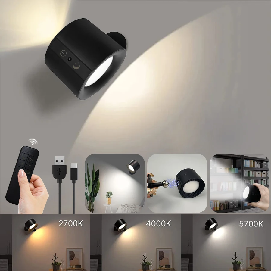 Led Double Head Wall Sconces light Touch Control Remote 360 Rotatable 3 Color Modes USB Recharge Wireless Night Light