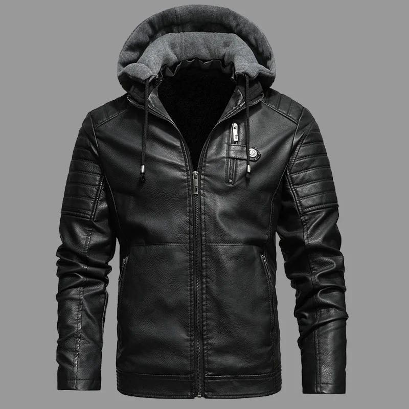 

Men's Winter Fleece Liner PU Leather Jackets Hooded Outwear Coats Autumn Casual Motorcycle Faux Jacket Windbreaker Biker Jackets
