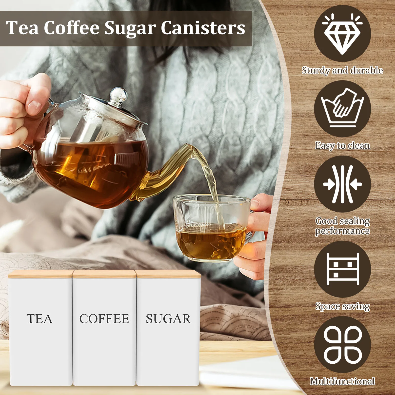 Coffee Storage Jars Set - 3Pcs Metal Containers with Bamboo Lids for Beans Sugar and Tea