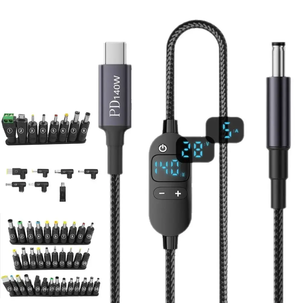 Universal Digital Display USB-C to DC Power Adapter Cable with Multiple Voltage Options and 28/34 Interchangeable Tips