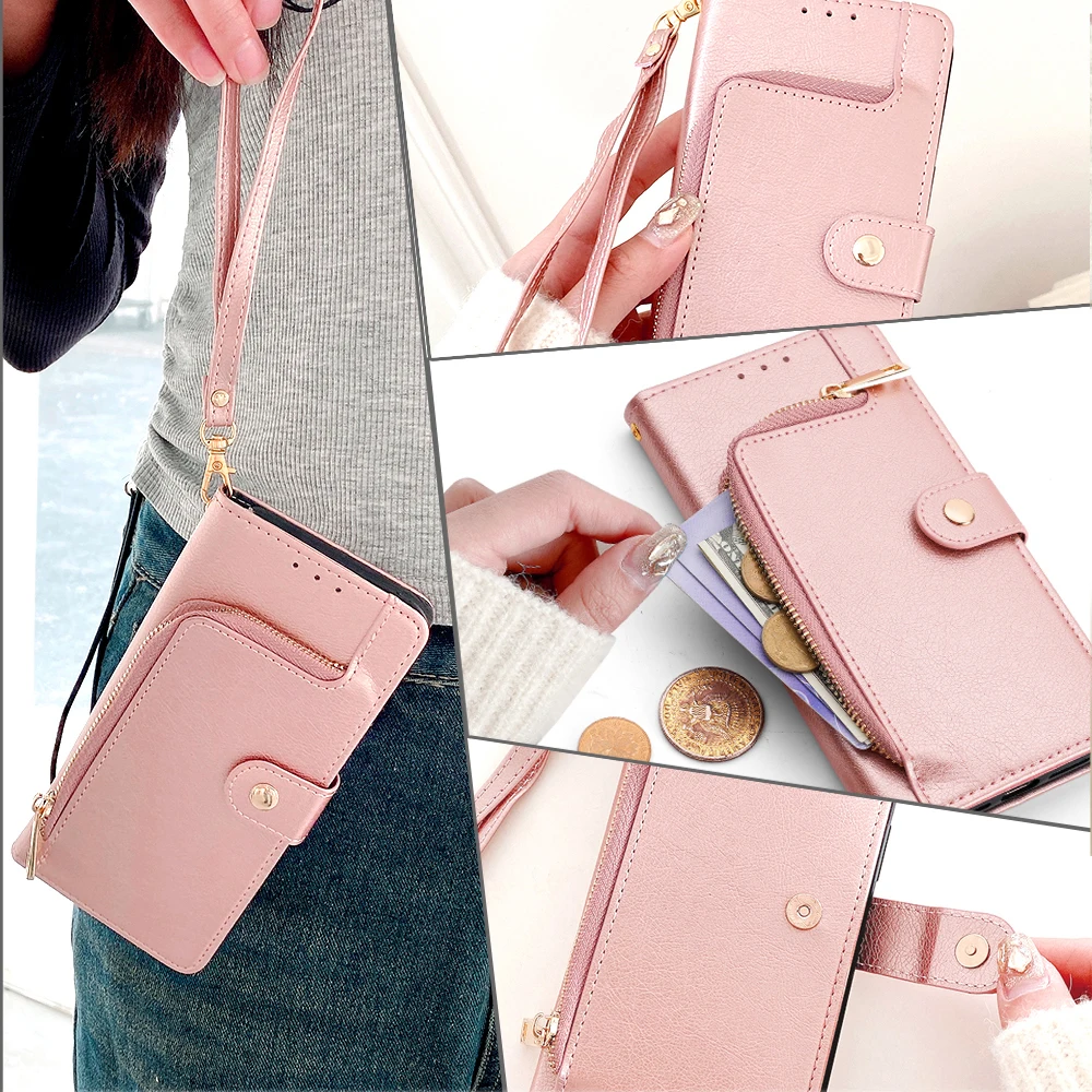 Ladies Magnet Buckle Zipper Wallet Flip Phone Case with Card Slots