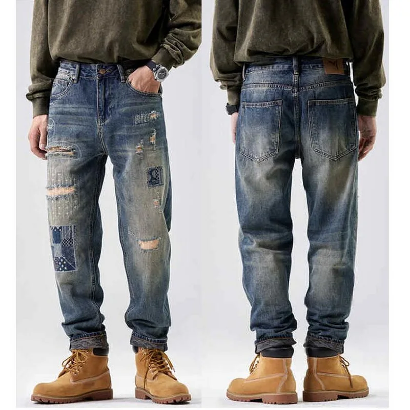 

Blue Jeans Men Needlework Patched Holes Straight Leg Beggar Jeans Ripped Patch Jeans