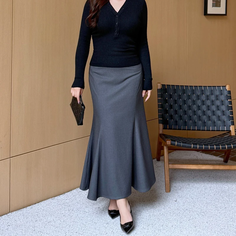 XXXXL Fashion Plus Size Women Mermaid Skirts Premium Autumn And Winter New 3D Cut Worsted Twill Slim Fishtail Skirt 9410