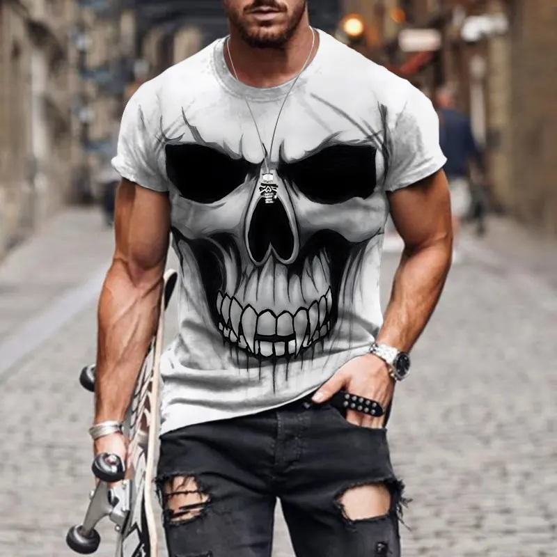 

3d Heavy Metal Skull T Shirts for Men Grim Reaper Graphic Print T-shirts White Short Sleeve Punk Rock Top Men's Clothing