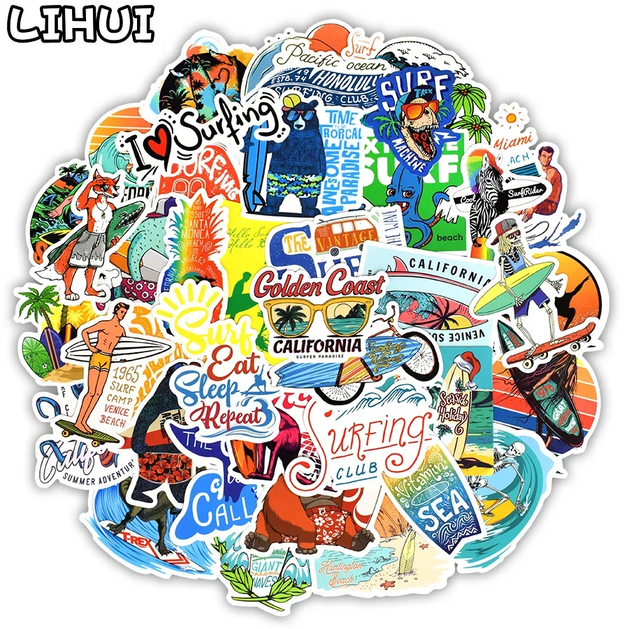 50 PCS Outdoor Surf Stickers Tropical Beach Travel Summer Sports Vsco Girl Sticker to DIY Surfboard Skateboard Laptop Car Decals 50pcs rugby sports sticker american football theme stickers for water bottle car laptop suitcase decal toy gift for football fan