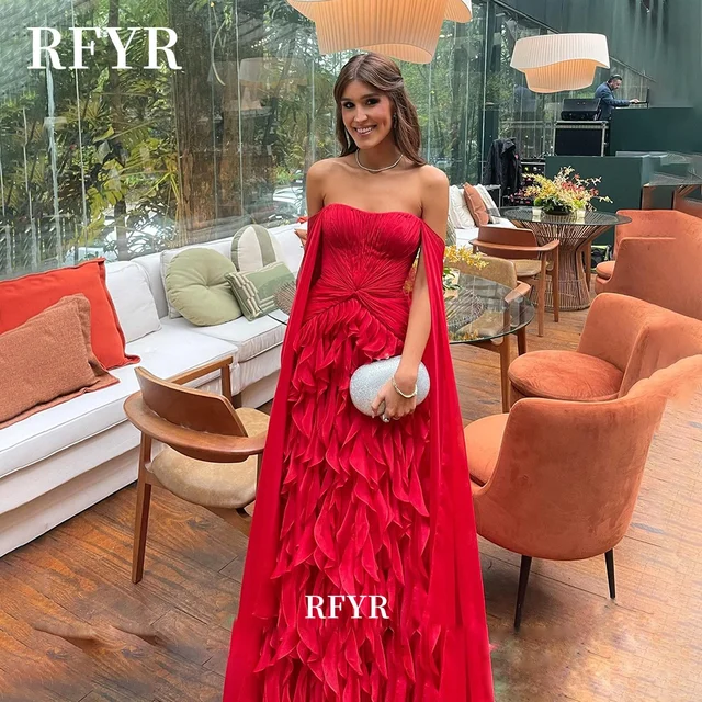 RFYR Ruffles Prom Dress Party Dress Chiffon A Line Evening Dress Detachable Shawl Women Celebrity Gala Dress Vestidos Customized 3