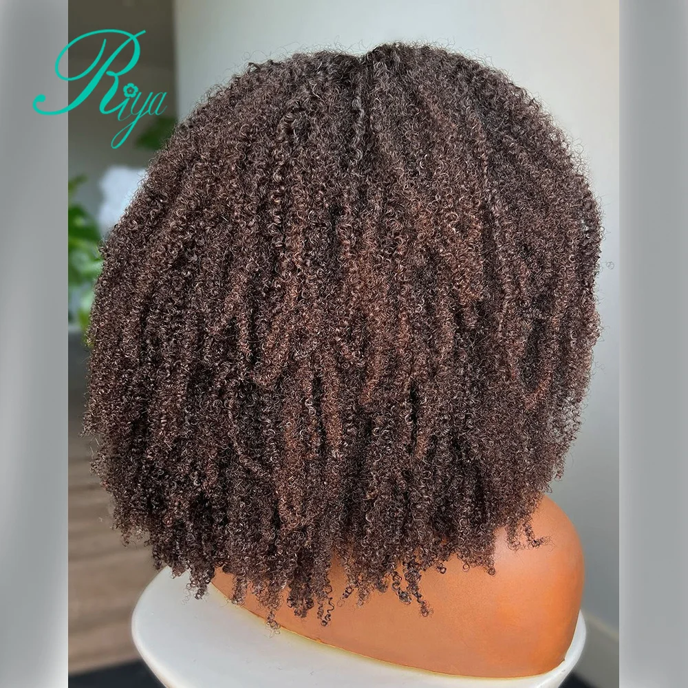 Afro Kinky Curly Brown 360 Full Lace Wig Short Bob Cut Wig with Bang Remy Human Hair Wigs 4X4 Lace Closure 250% Remy