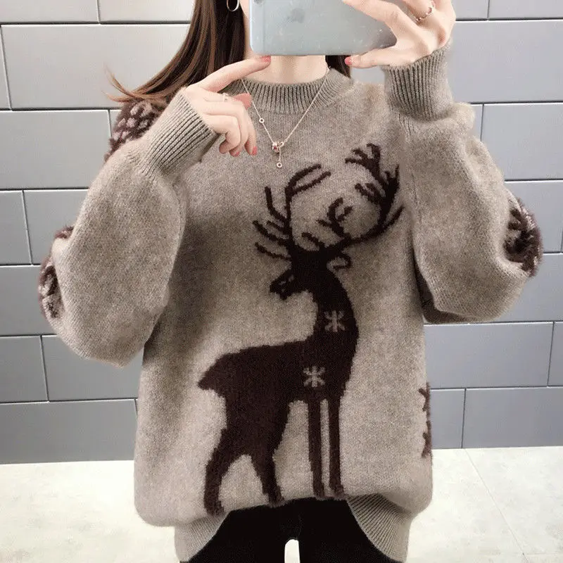 

2023 New Christmas Winter Female Sweater Print Deer Pullover Thick Short Sweater Winter Casual O-neck Women Sweater
