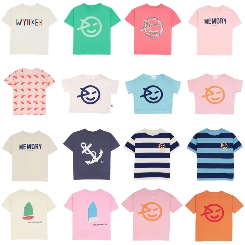 T-shirt de algodão para meninos e meninas, manga curta, impresso, desenhos animados, para crianças, bebê, tops de praia, verão, novo, 2024