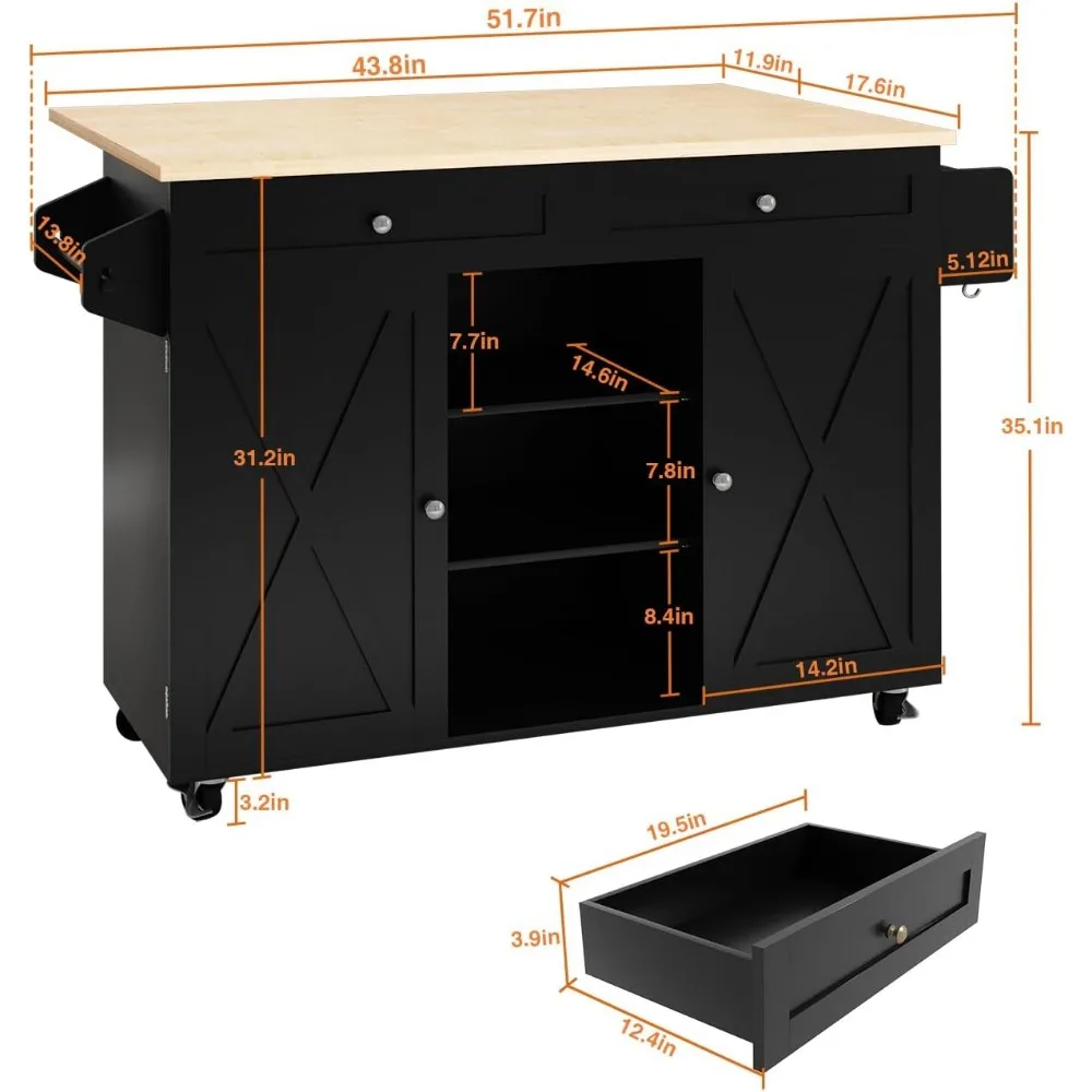 Kitchen Island On Wheels, Rolling Kitchen Island Cart with Drop Leaf Countertop, Barn Door Table