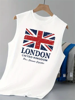 100% pure cotton men's summer fashion casual UK London printed fitness breathable loose round neck sleeveless vest 1