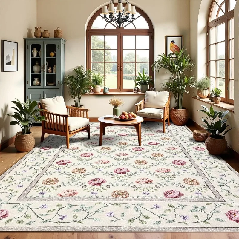 Floral Living Room Carpet Retro Pastoral Art Design Bedroom Plush Rug Foldable Machine Washable Non-slip Cloackroom Mat 러그 Tapis