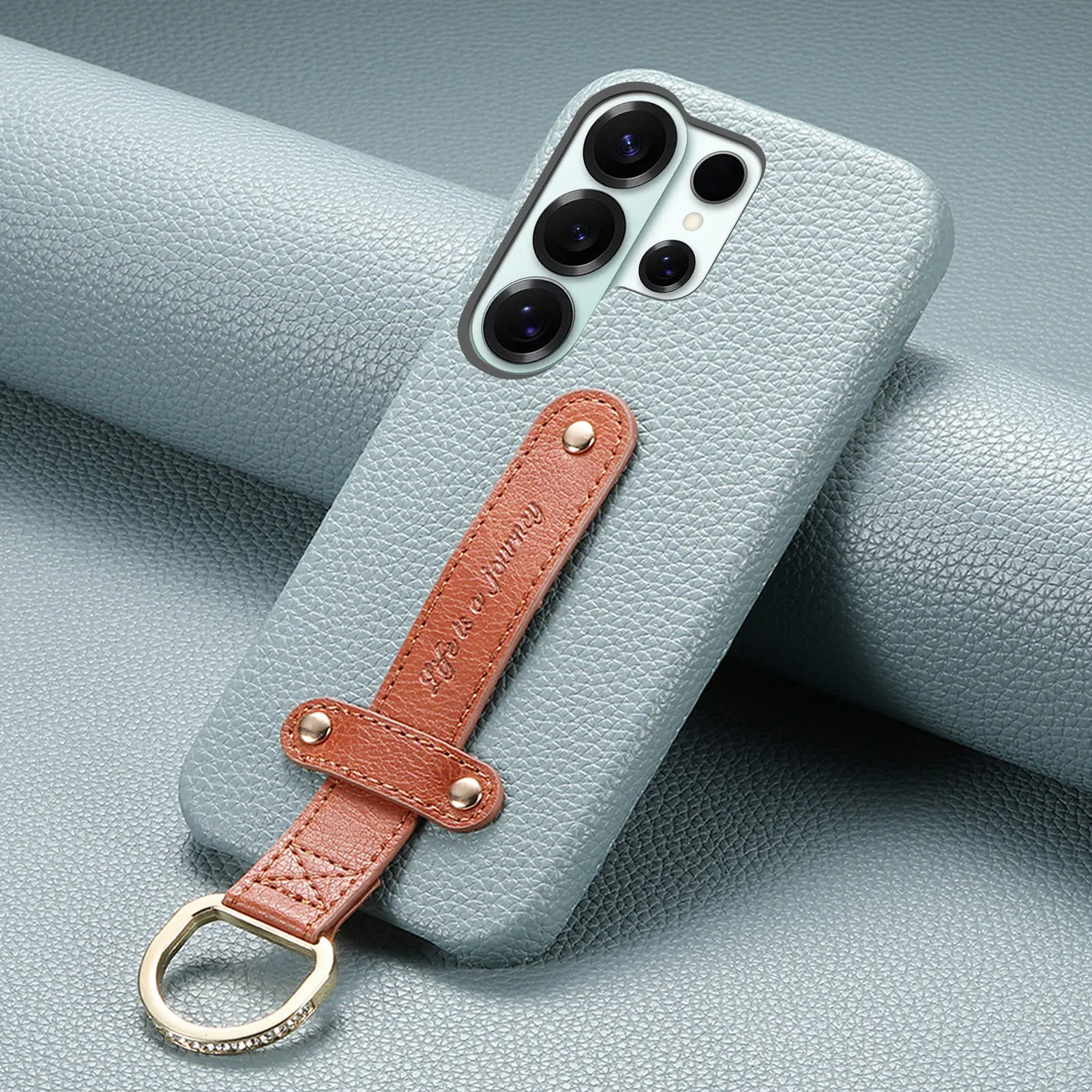 Lychee Textured Leather Wrist Strap Ring Holder Phone Case Cover