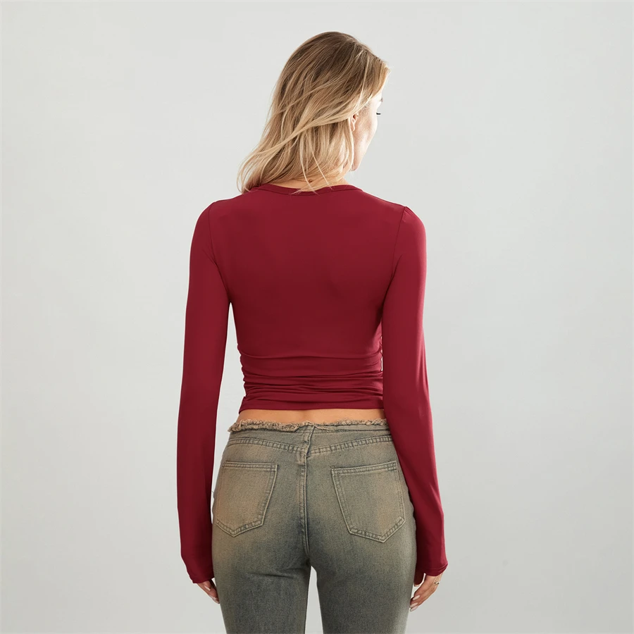 Camisetas básicas de Color liso para mujer, camisetas informales de manga larga, jerséis ajustados para otoño y primaver