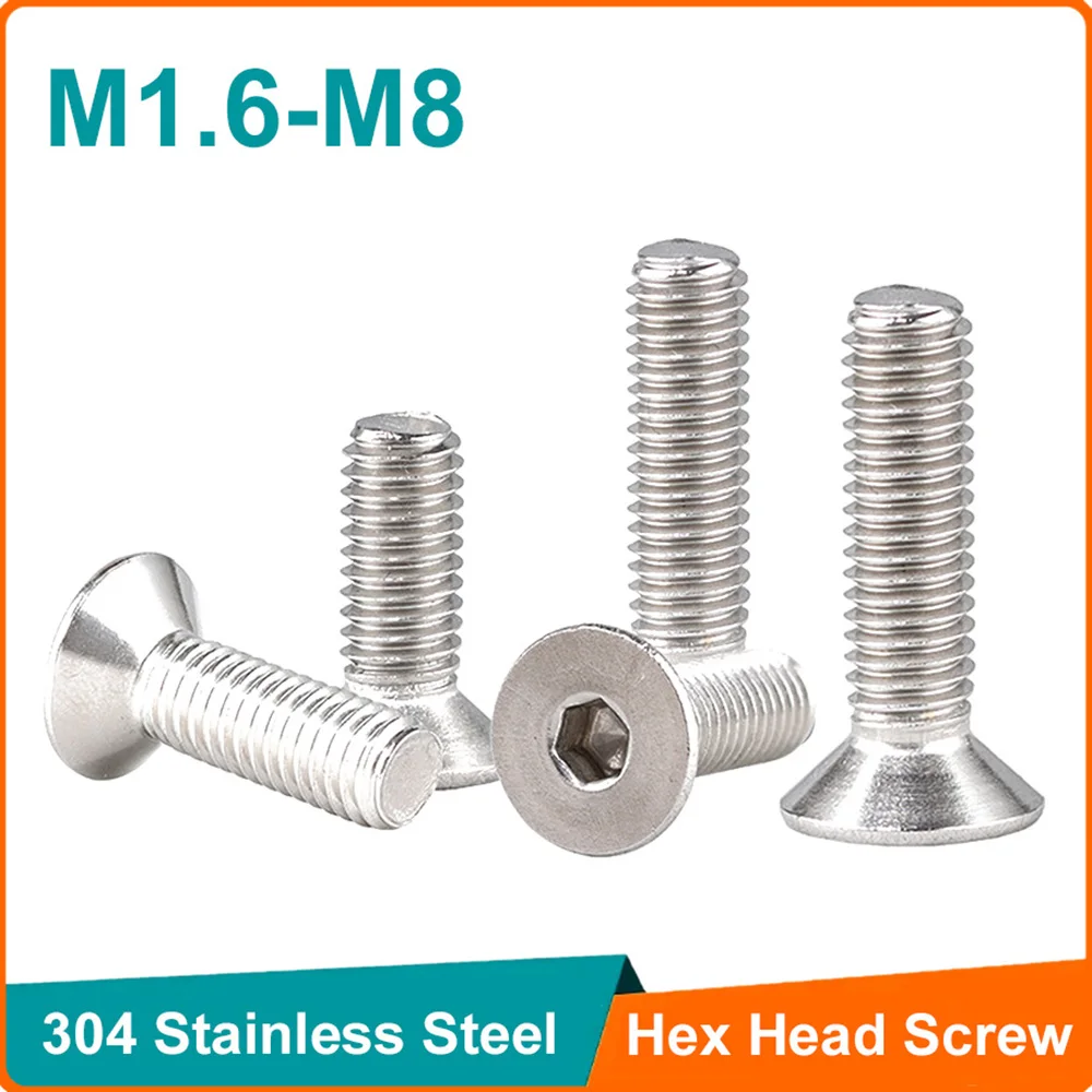 

304 Stainless Steel M1.6 M2 M2.5 M3 M4 M5 M6 M8 M10 Hexagon Hex Socket Countersunk Screw Flat Head Screw Allen Bolts DIN7991