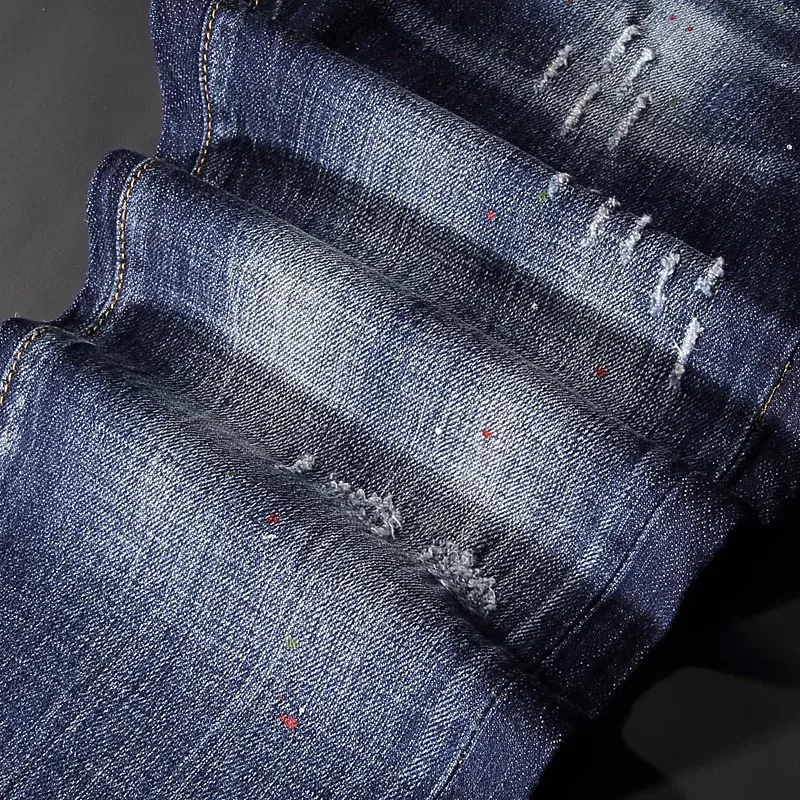 Fashion Designer Men Jeans High Quality Retro Blue Elastic Slim Fit Painted Ripped Jeans Men Brand Vintage Denim Pants Hombre