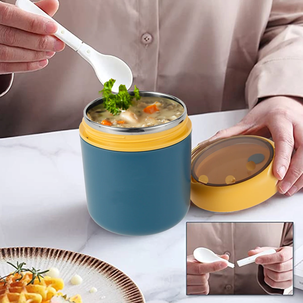 Vacuum Insulated Food Container Stainless Steel Thermal Wide Mouth Food Jar Portable Lunch Thermoses Foldable Spoon Lunchbox 3