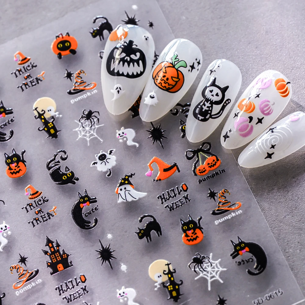 5D geprägte Halloween schwarze Spinnen-Nagelaufkleber, gruselige schwarze Spinnennetz-Nagelaufkleber, selbstklebende Spinnen-Nagelkunstzubehör, 8 x 10 cm – Detail 5