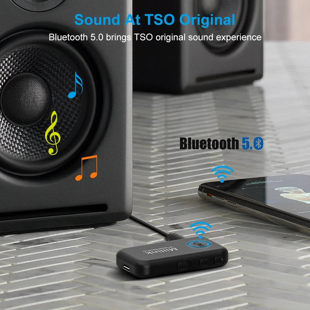 1Mii ML100 Bluetooth-compatible 5.0 Receiver Car With Mic 14H Long Battery 3.5mm Aux BT Adapter for Car Headphone Speaker