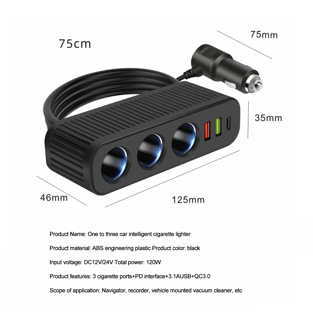 cigarette lighter plug name Car One to Three Power Cigarette Lighter Multifunctional Socket  USB+QC3.0+PD3.1A Fast Charging Car Charger Power Adapter Plug