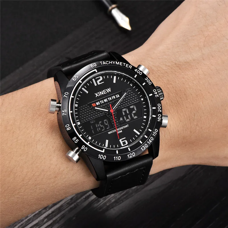 Original XINEW Brand Dual Time Watches For Men Fashion Leather Band Multi-function Sports Chronograph Watch Relogio Masculino