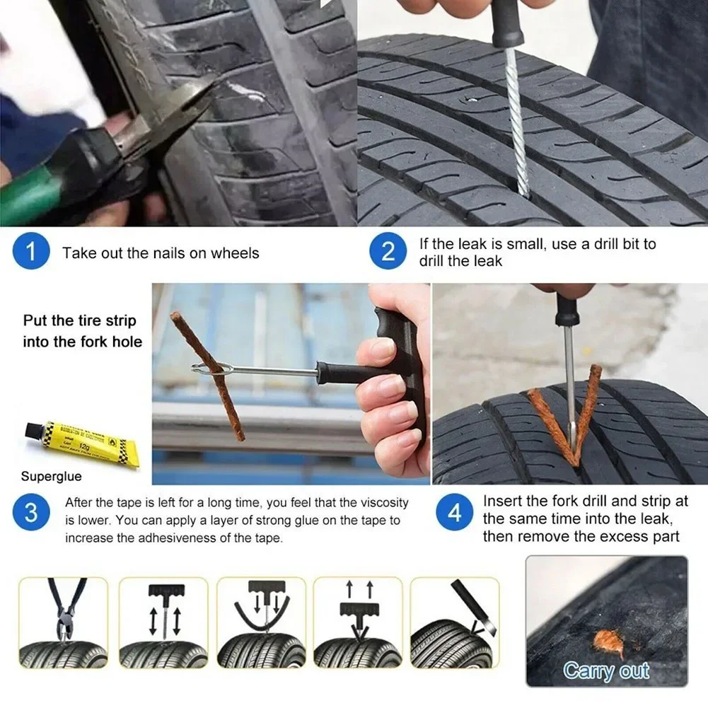 Puncture Repair Kit Car Tire Repair Tools Kit With Rubber Strips Tubeless Flat Tire Tool for Cars Truck Motorcycle