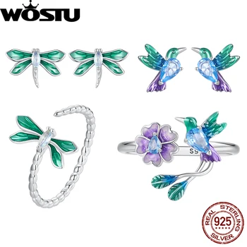 WOSTU 925 Sterling Silver Floral Bird Open Ring Set Dragonfly Stud Earrings Set for Women Girl Party Gift Adjustable Jewelry 1