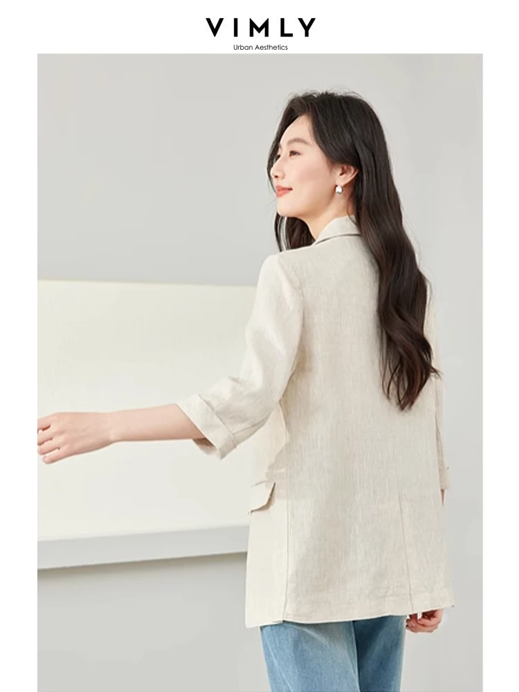Vimly Apricot Linen Single Breasted Straight Suit Jacket 2024 Spring New Casual Office Lady Three Quarter Sleeve Blazers M6229