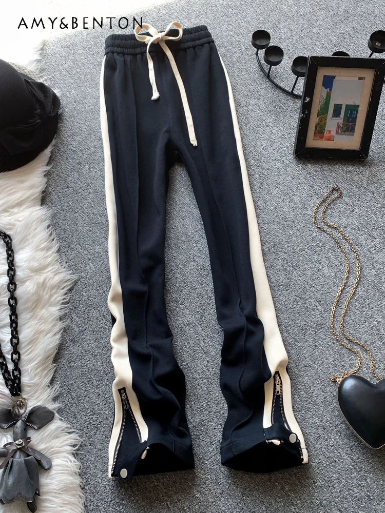 American Retro High Street Striped Black High Waist Pants 2024 Spring New Fashion Casual Zipper Slim Straight Sweatpants Women