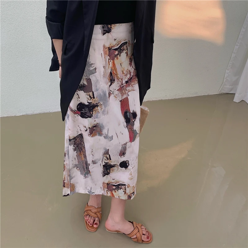 Hzirip Vintage Oil Painting All Match Elegance Retro 2021 New Chic Prom Office Lady Women High Waist Printed Gentle Long Skirts white tennis skirt