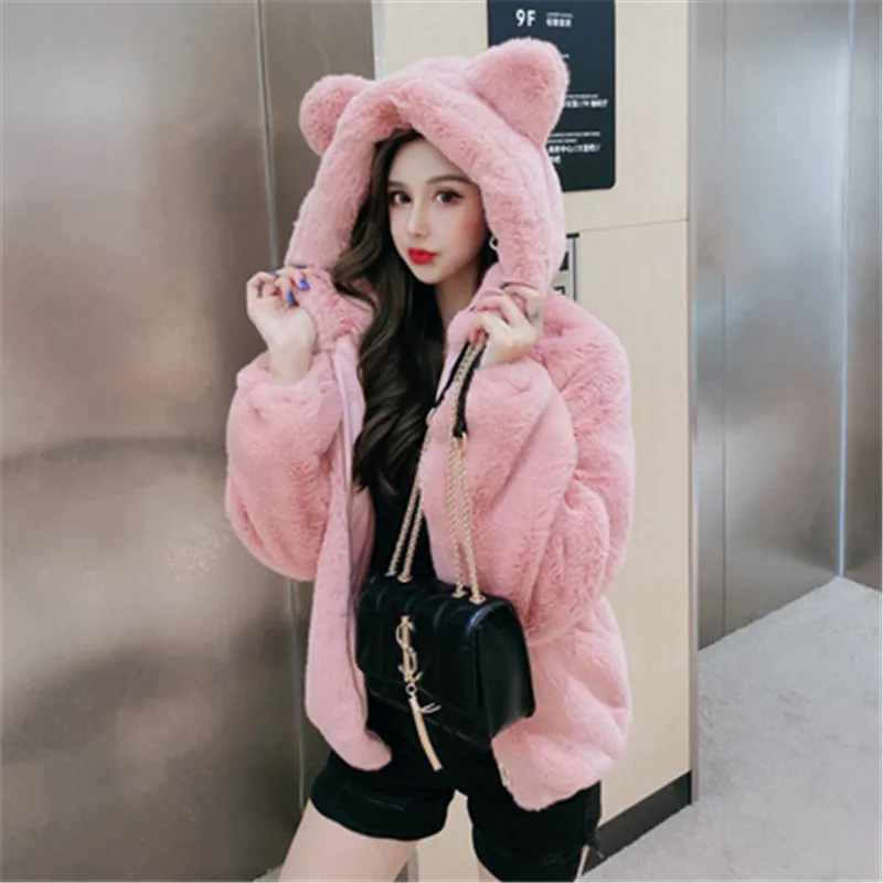 

2022 Women Winter New Solid Color Warm Outwear Female Bear Ears Hooded Jackets Ladies Imitation Rex Rabbit Fur Coats A1100